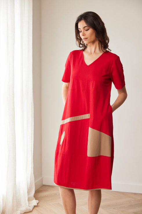 Peruzzi Oval Cut Out Detail Dress Red & Taupe S26146