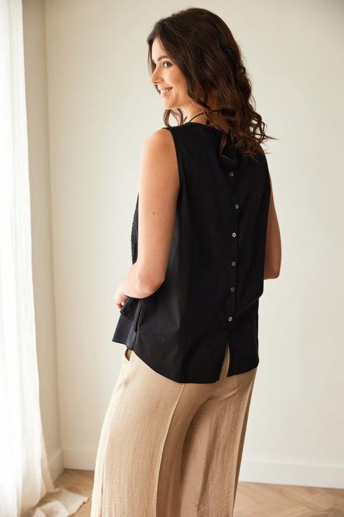 Peruzzi Broderie Anglais Double Hem Top in Black – S26168