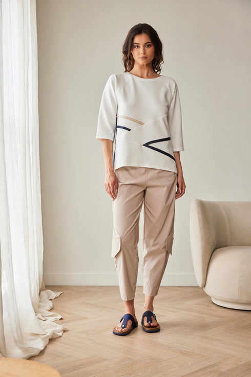 Peruzzi Zip Detail Contrast Top – Ecru & Navy – S26171