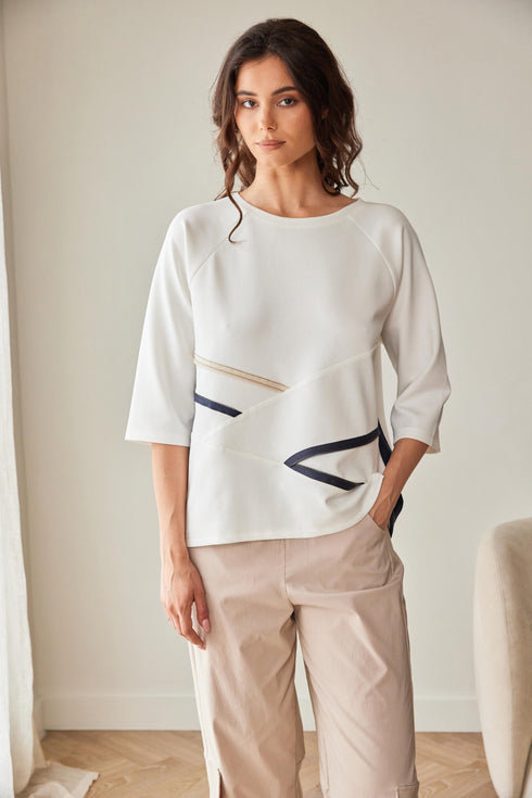 Peruzzi Zip Detail Contrast Top – Ecru & Navy – S26171