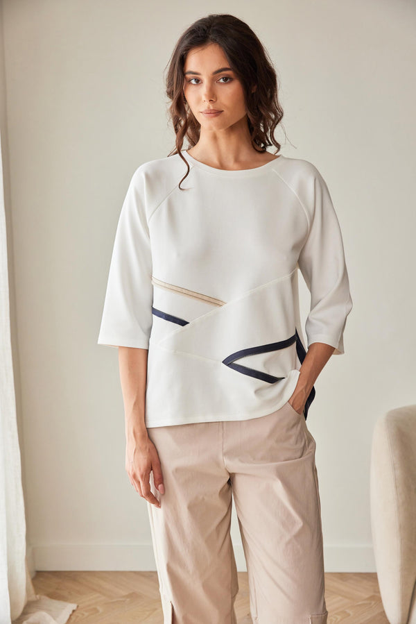 Peruzzi Zip Detail Contrast Top – Ecru & Navy – S26171