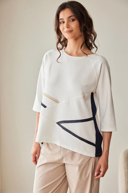 Peruzzi Zip Detail Contrast Top – Ecru & Navy – S26171