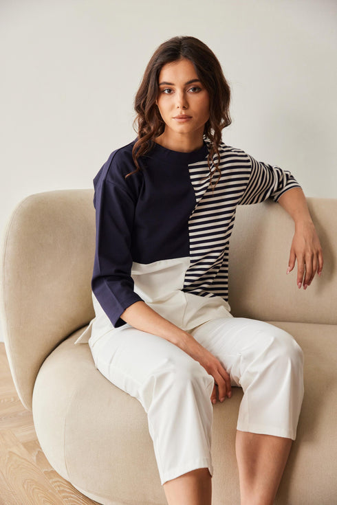 Peruzzi Stripe Block Contrast Top Round Neck 3/4 Sleeve – Navy & Ecru – S26176