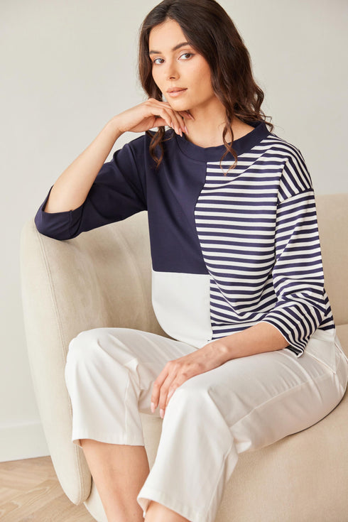 Peruzzi Stripe Block Contrast Top Round Neck 3/4 Sleeve – Navy & Ecru – S26176