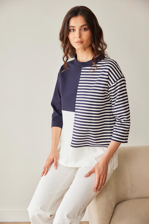 Peruzzi Stripe Block Contrast Top Round Neck 3/4 Sleeve – Navy & Ecru – S26176