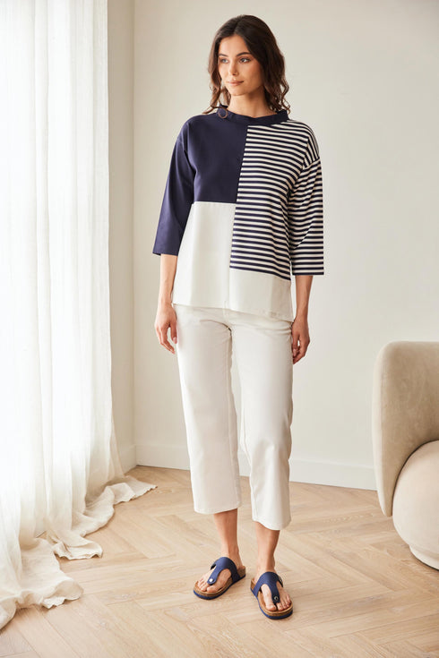 Peruzzi Stripe Block Contrast Top Round Neck 3/4 Sleeve – Navy & Ecru – S26176