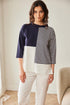 Peruzzi Stripe Block Contrast Top Round Neck 3/4 Sleeve – Navy & Ecru – S26176