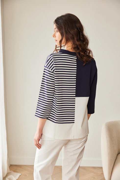 Peruzzi Stripe Block Contrast Top Round Neck 3/4 Sleeve – Navy & Ecru – S26176