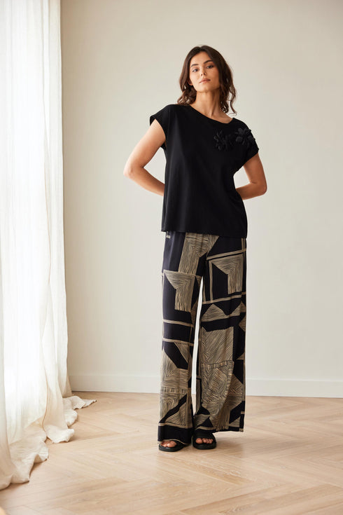 Peruzzi Black & Gold Geometric Print Wide Leg Trousers S26519