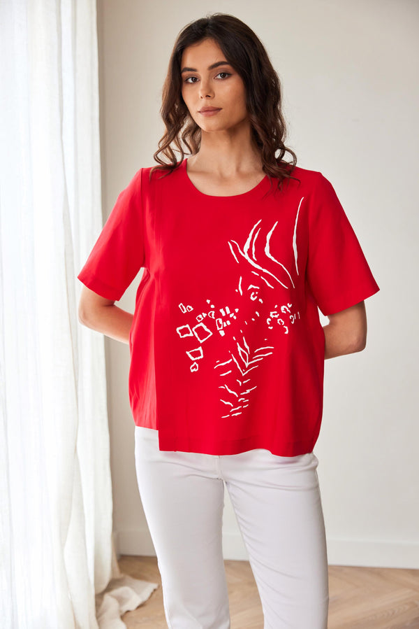 Peruzzi Appliqué Detail Round Neck Top in Red – S26192