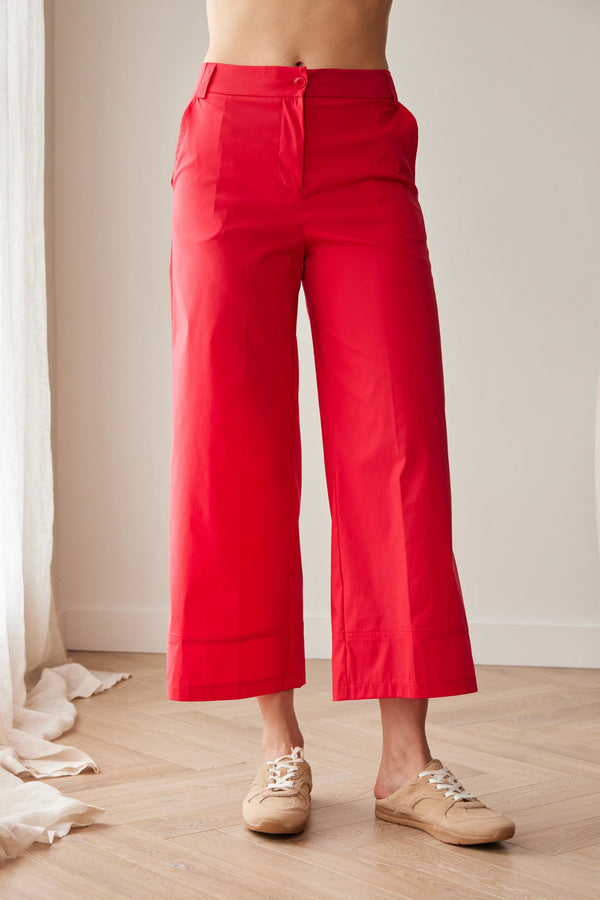 PERUZZI Womens Red Cotton Wide Leg Cropped Trousers with Hem Detail S26198
