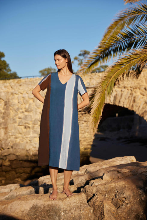 Peruzzi Multi Stripe Watercolour Dress Blue & Brown S26205