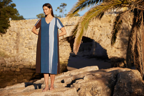 Peruzzi Multi Stripe Watercolour Dress Blue & Brown S26205