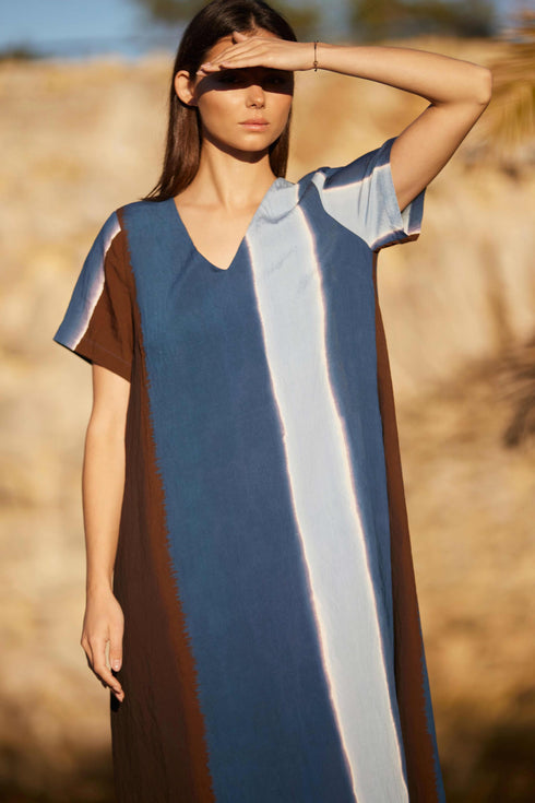 Peruzzi Multi Stripe Watercolour Dress Blue & Brown S26205