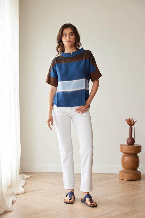 Peruzzi Multi Stripe Watercolour Top Blue & Brown S26206