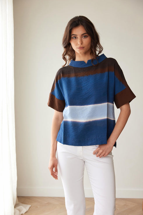 Peruzzi Multi Stripe Watercolour Top Blue & Brown S26206