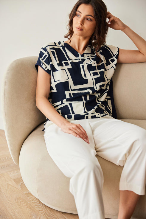 Peruzzi Geo Print V-Neck Top – Navy & Ecru – S26214