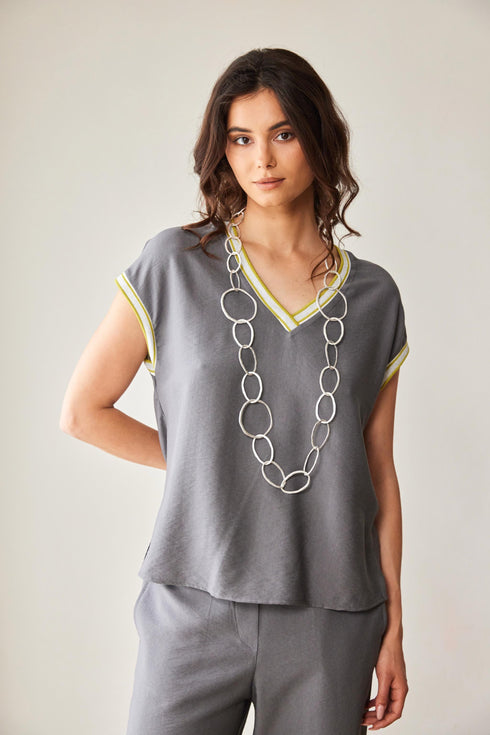 Peruzzi V-Neck Striped Top with Metallic Trim – Grey & Green – S26411
