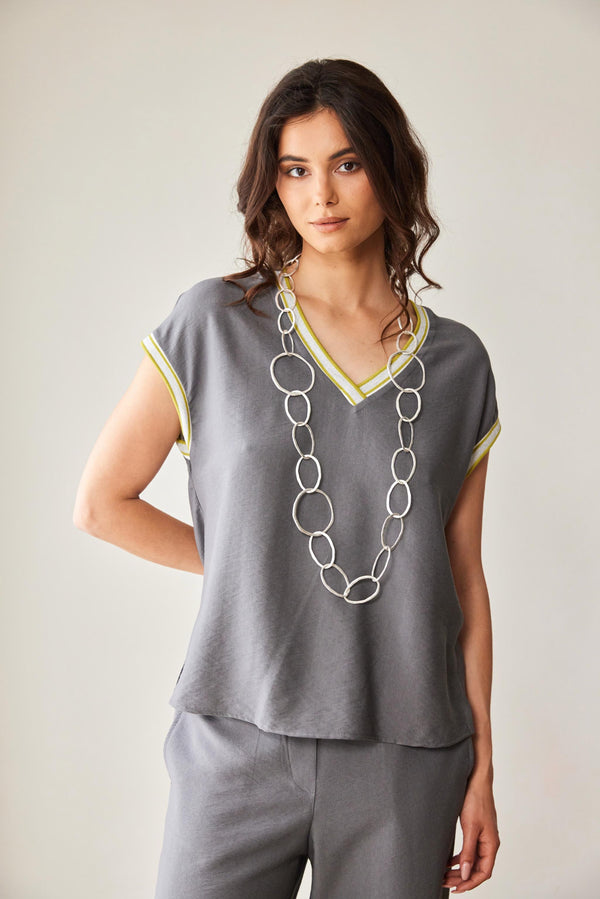 Peruzzi V-Neck Striped Top with Metallic Trim – Grey & Green – S26411