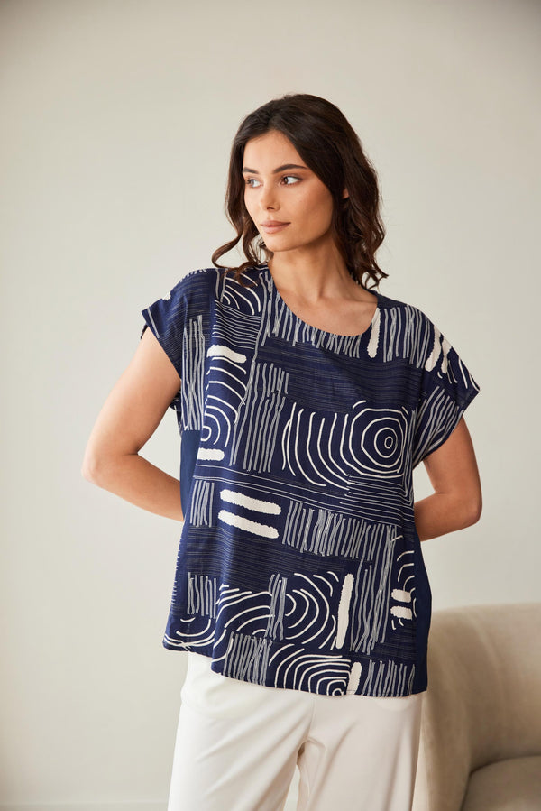 PERUZZI Navy Ripple Print Short Sleeve Top S26514