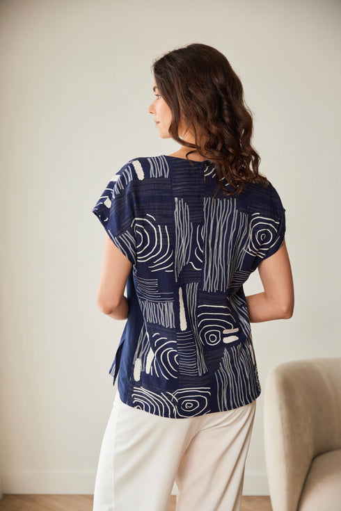 PERUZZI Navy Ripple Print Short Sleeve Top S26514