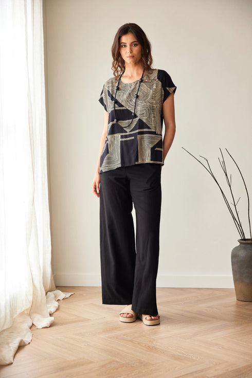 Peruzzi Black & Gold Geometric Print Cap Sleeve Top S26518