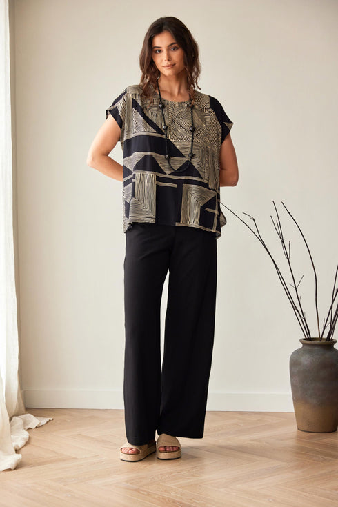 Peruzzi Black & Gold Geometric Print Cap Sleeve Top S26518