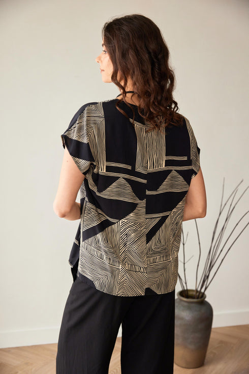 Peruzzi Black & Gold Geometric Print Cap Sleeve Top S26518