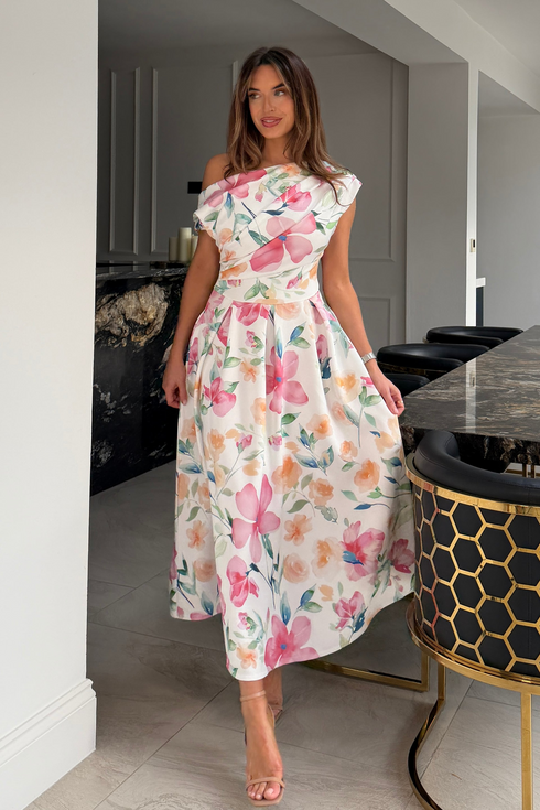 Girl In Mind White Spring Summer Floral Betty SI8987-0 Asymmetric Skater Midi Dress