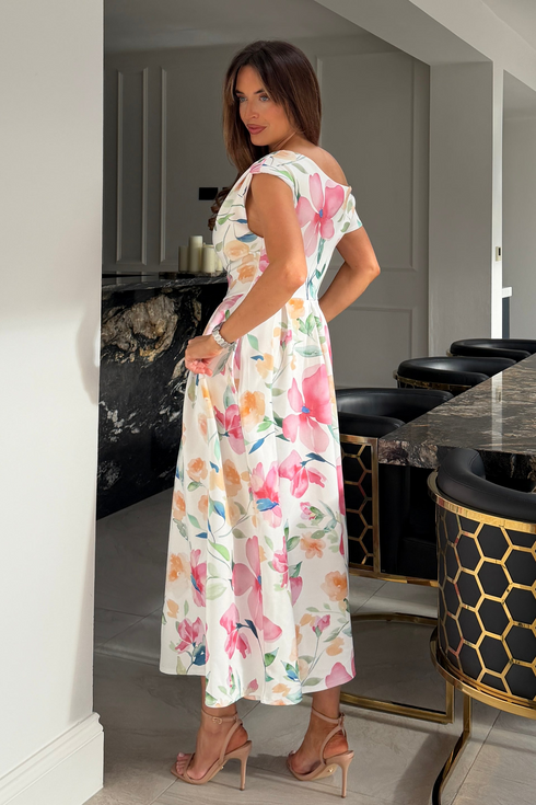 Girl In Mind White Spring Summer Floral Betty SI8987-0 Asymmetric Skater Midi Dress