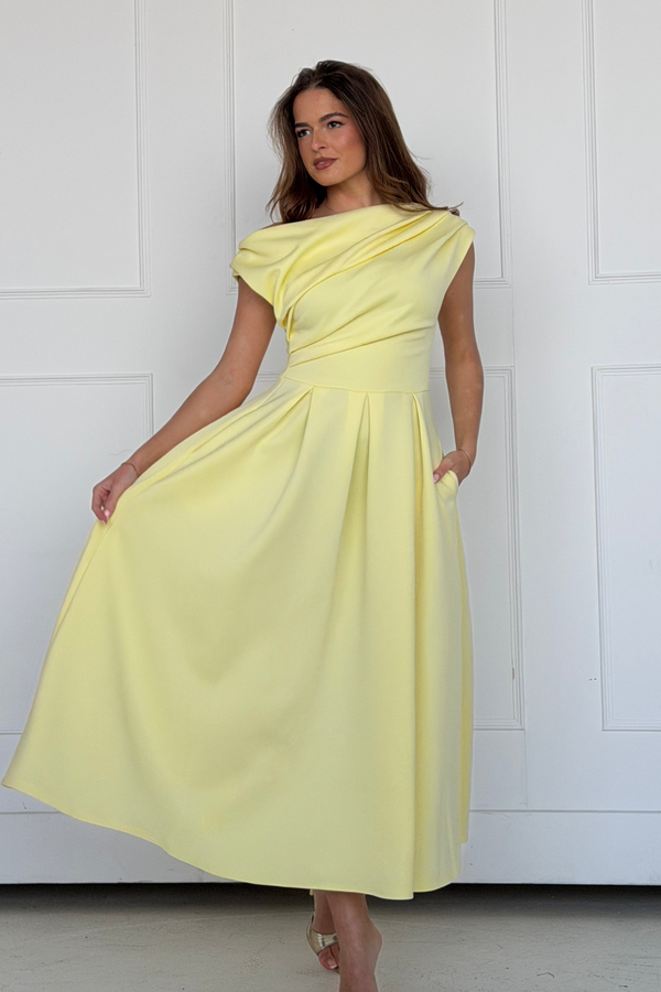 Girl In Mind Yellow Betty SI8987-W Asymmetric Neckline Skater Midi Dress