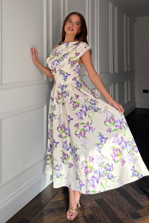 Girl In Mind Yellow & Purple Floral Betty SI8987-Z Asymmetric Skater Midi Dress