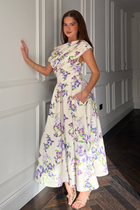 Girl In Mind Yellow & Purple Floral Betty SI8987-Z Asymmetric Skater Midi Dress