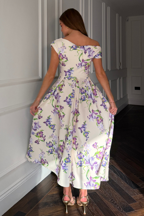 Girl In Mind Yellow & Purple Floral Betty SI8987-Z Asymmetric Skater Midi Dress