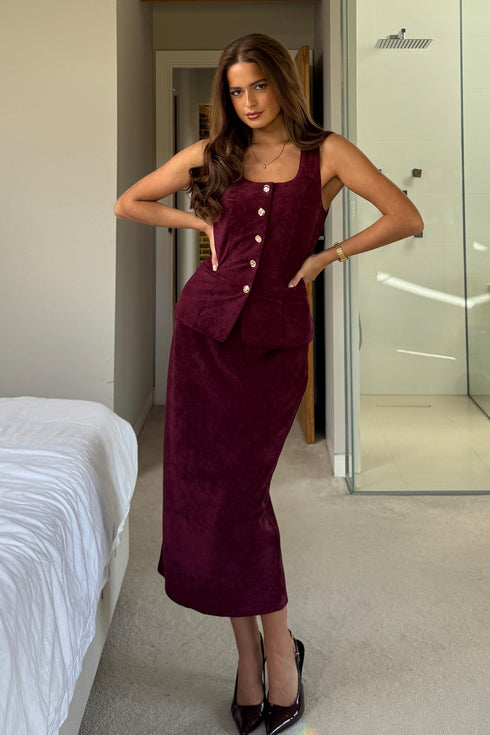 Girl In Mind SI8989-E Jamie Square Neckline Suede Waistcoat - Berry