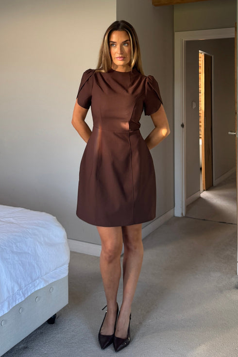 Girl In Mind Ami Tulip Sleeve High Neck Mini Dress - Brown SI8994