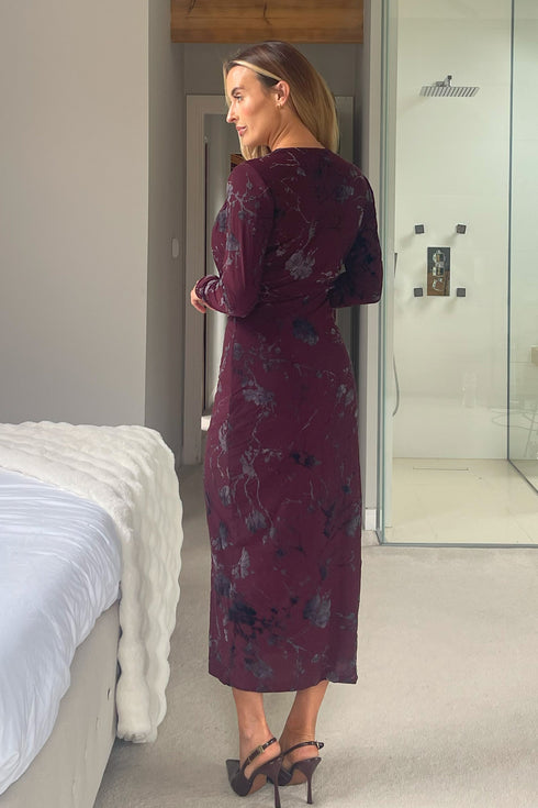 Girl In Mind Remington Flocked Floral Cowl Neck Midi Dress - Plum SI9011