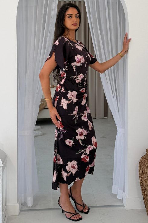 Girl in Mind Womens Cleo Ruched Detail Floral Midi Dress SI9088-D - Black