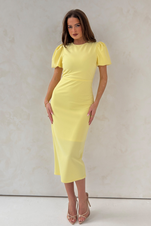 Girl In Mind Yellow Sue SI9138-A Romantic Puff Sleeve Round Neck Midi Dress
