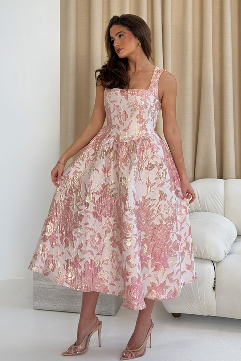 Girl In Mind Rosie Strappy Floral Jacquard Midi Dress Pink Floral SI9142-A