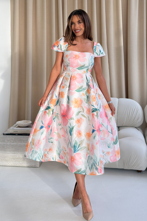 Girl In Mind White Spring Summer Floral Prim SI9156-A Cap Sleeve Midi Dress