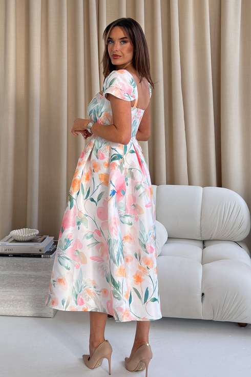 Girl In Mind White Spring Summer Floral Prim SI9156-A Cap Sleeve Midi Dress