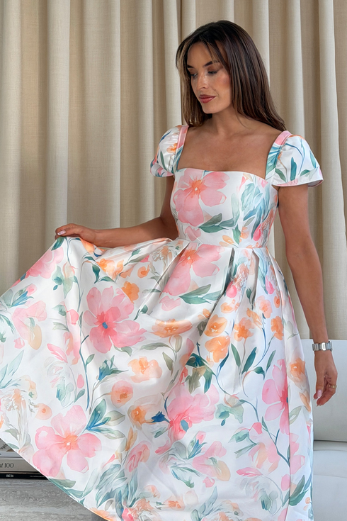 Girl In Mind White Spring Summer Floral Prim SI9156-A Cap Sleeve Midi Dress