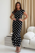 Girl In Mind Roxy Boat Neck Frill Midi Dress Black Spot SI9157-A