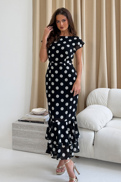 Girl In Mind Roxy Boat Neck Frill Midi Dress Black Spot SI9157-A