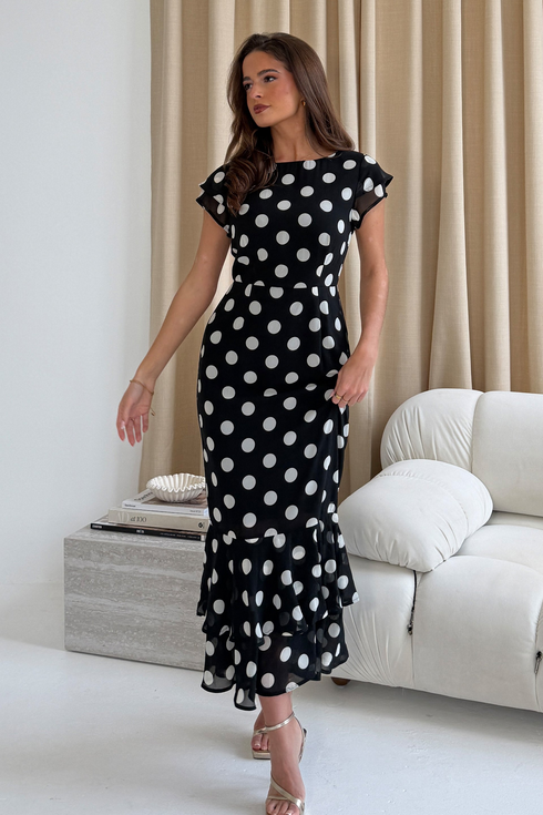 Girl In Mind Roxy Boat Neck Frill Midi Dress Black Spot SI9157-A