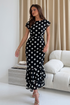 Girl In Mind Roxy Boat Neck Frill Midi Dress Black Spot SI9157-A