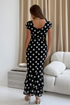 Girl In Mind Roxy Boat Neck Frill Midi Dress Black Spot SI9157-A