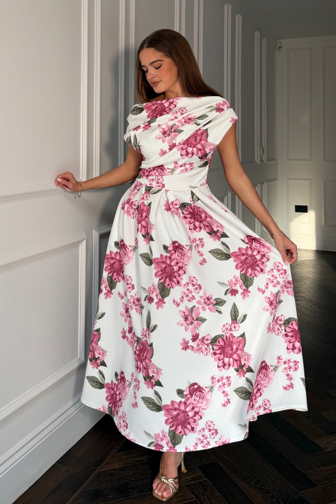 Girl In Mind Pink Floral Betty SI9258-B Asymmetric Skater Midi Dress