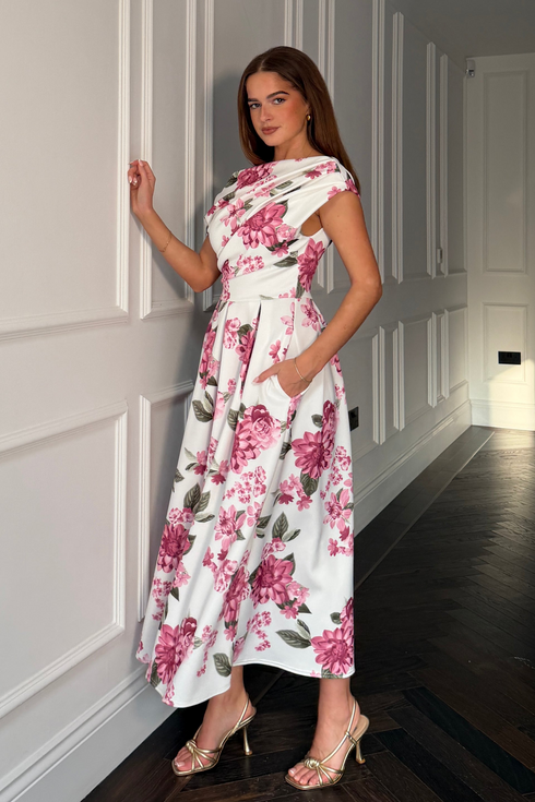 Girl In Mind Pink Floral Betty SI9258-B Asymmetric Skater Midi Dress